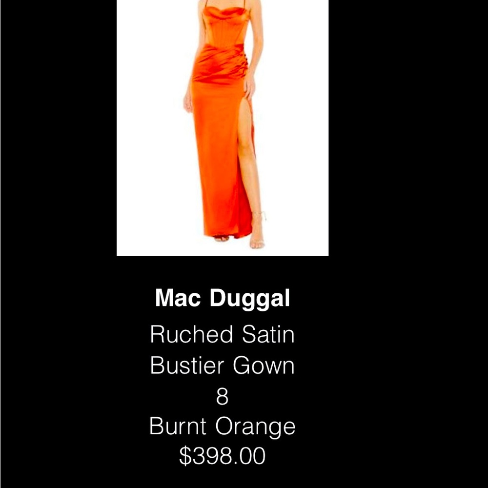BRAND NEW WITH TAGS- gorgeous, burnt orange satin MAC DUGALL bustier gown